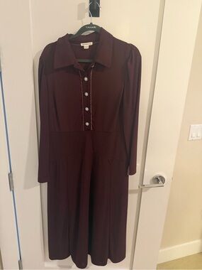 Monsoon Burgundy Long-Sleeve Collared Midi Dress